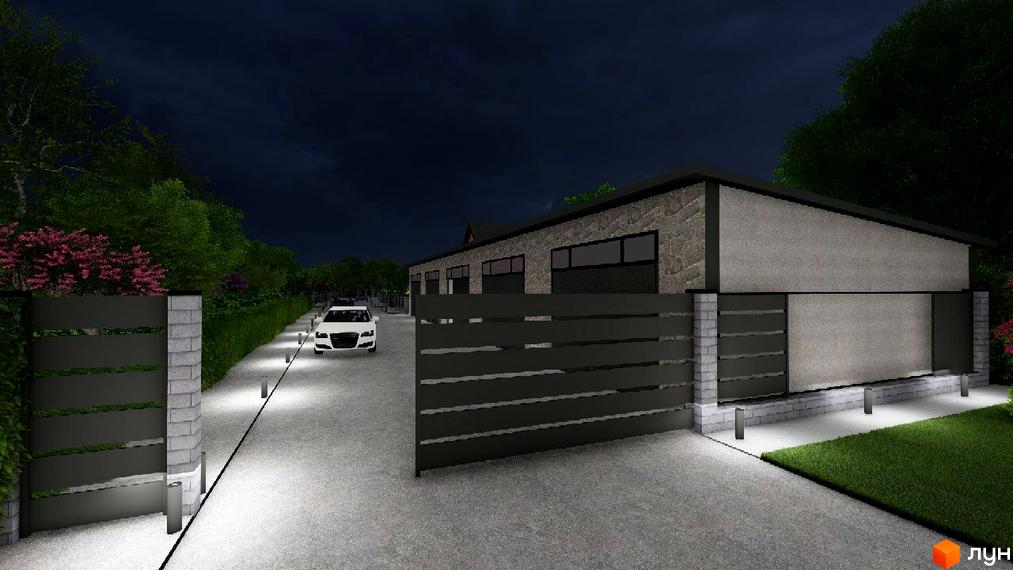 Зображення Котеджного містечка Новий Хутір вночі. Вигляд на будинок та освітлену прибудинкову територію з дорогою та газоном.