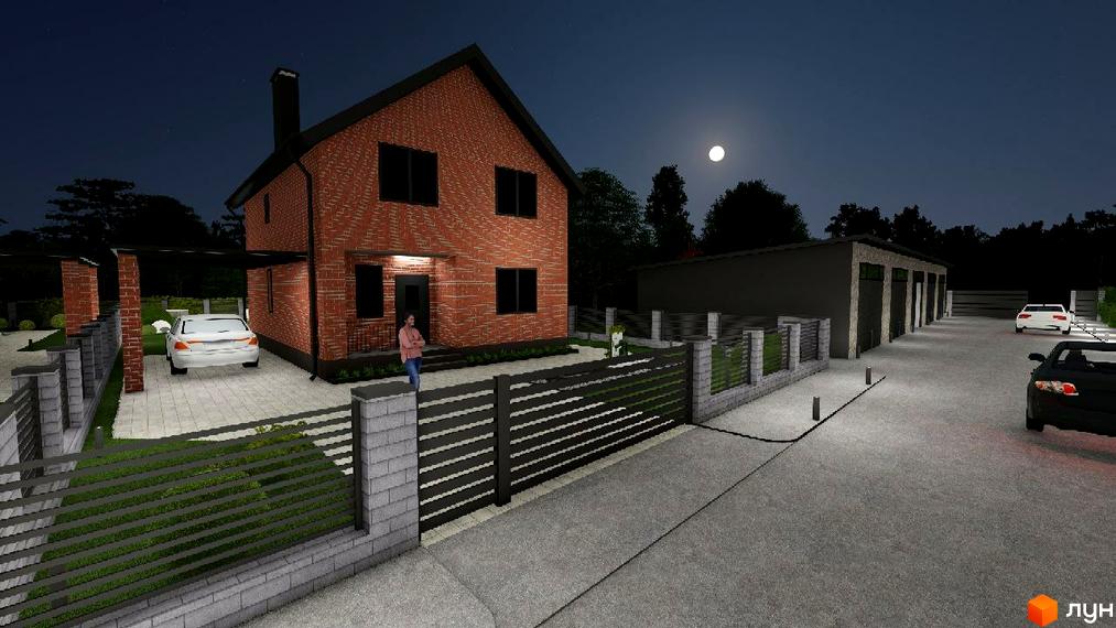 Двоповерховий цегляний будинок Котеджного містечка Новий Хутір з темним дахом. Прибудинкова територія з парковкою та гаражами вночі.
