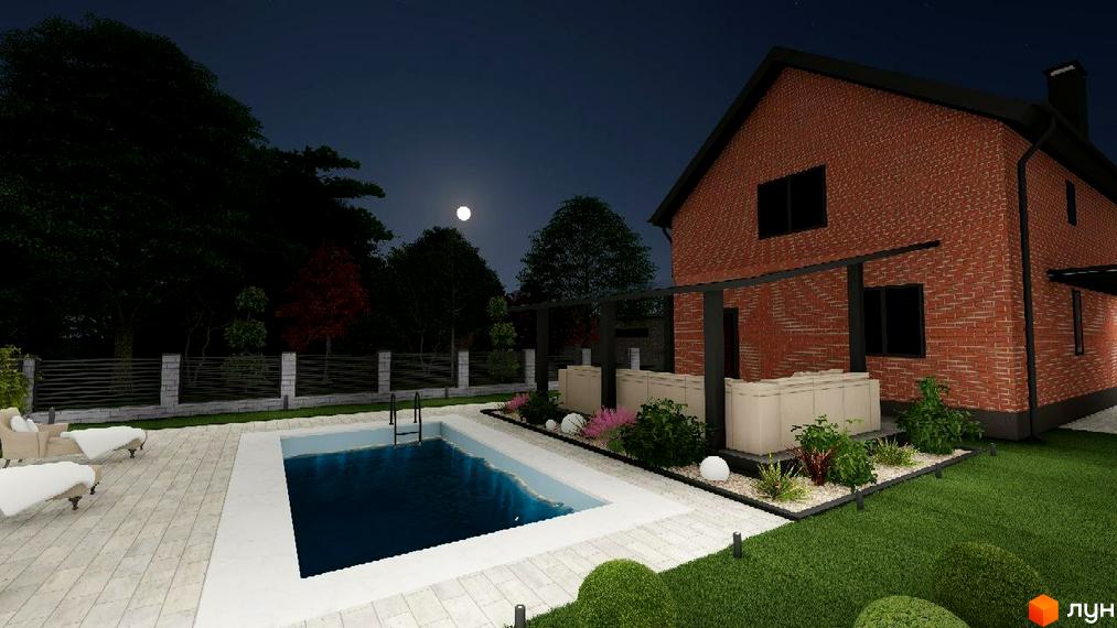 Зображення будинку з червоної цегли з басейном та зоною відпочинку в Котеджному містечку Новий Хутір вночі.