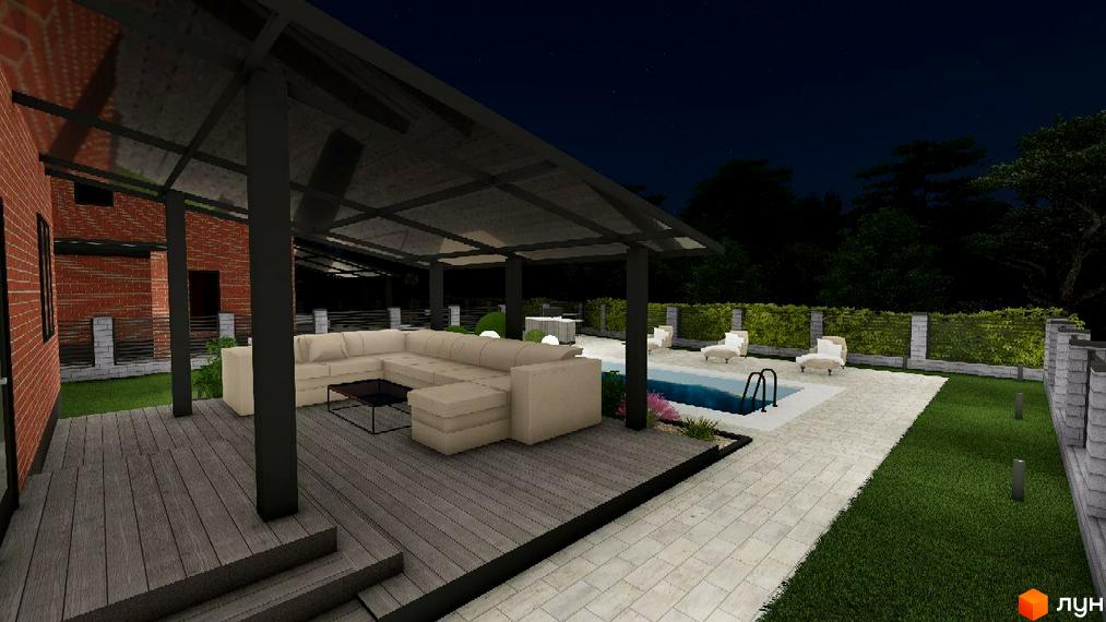 Зображення Котеджного містечка Новий Хутір з терасою, басейном та зоною відпочинку. Вигляд на прибудинкову територію в нічний час.