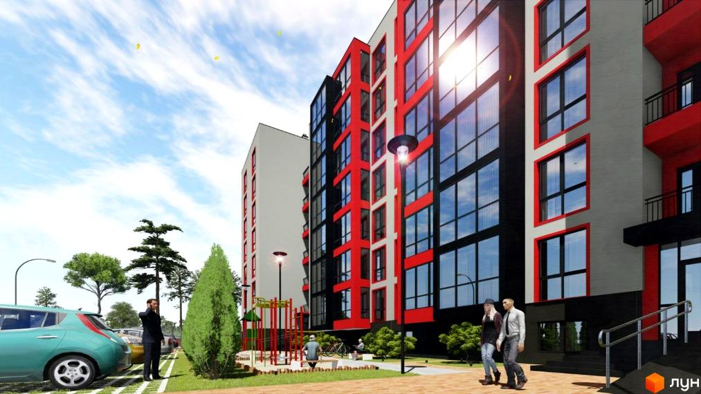 Зовнішній вигляд житлового комплексу Околиця з червоними та чорними фасадами, великими вікнами та прибудинковою територією з парковкою та дитячим майданчиком.