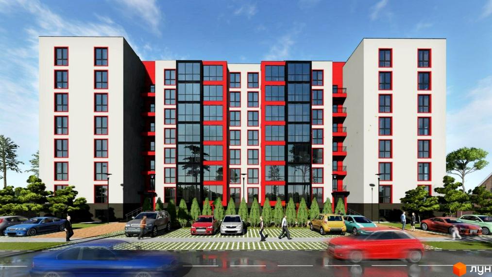 Житловий комплекс Околиця з біло-червоними фасадами та панорамними вікнами, перед яким розташований паркінг з автомобілями та зелені насадження.