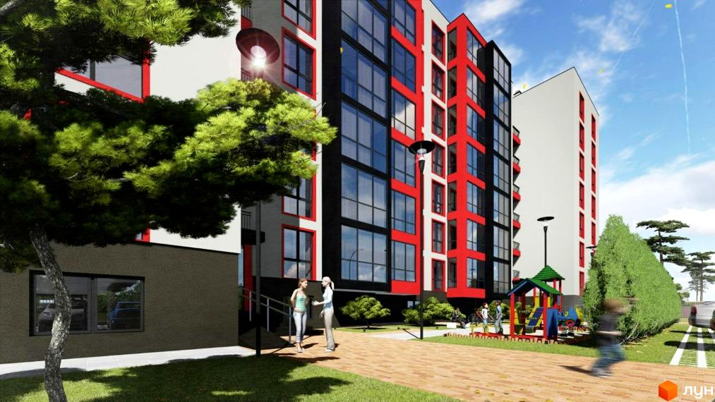 Новобудова Околиця: будинки з чорно-червоними фасадами та великими вікнами. Прибудинкова територія з дитячим майданчиком та зеленими насадженнями.