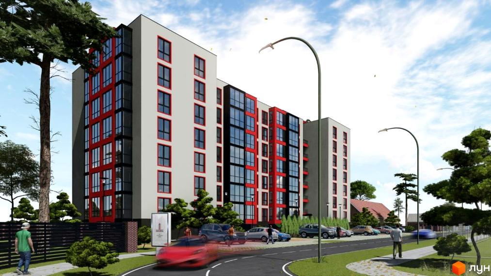 Житловий комплекс Околиця: багатоповерхові будинки зі світлими фасадами та червоними акцентами вікон, оточені зеленою територією, дорогою та деревами.