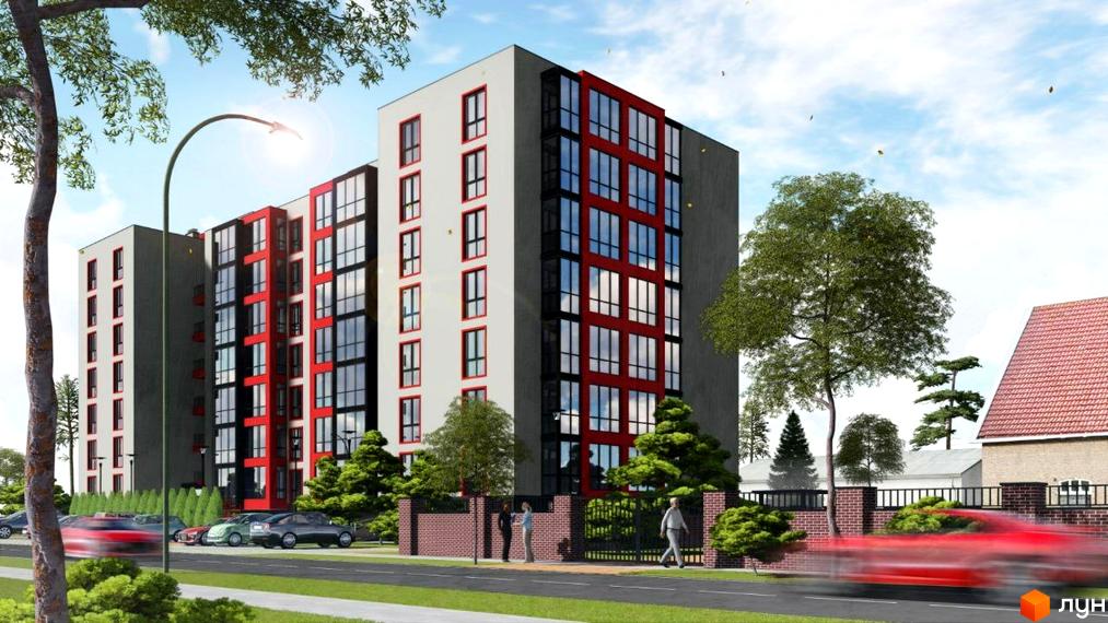 Зовнішній вигляд новобудови ЖК Околиця з червоними та білими фасадами, великими вікнами та прибудинковою територією з деревами та дорогою. Тут зображено сучасний житловий комплекс.