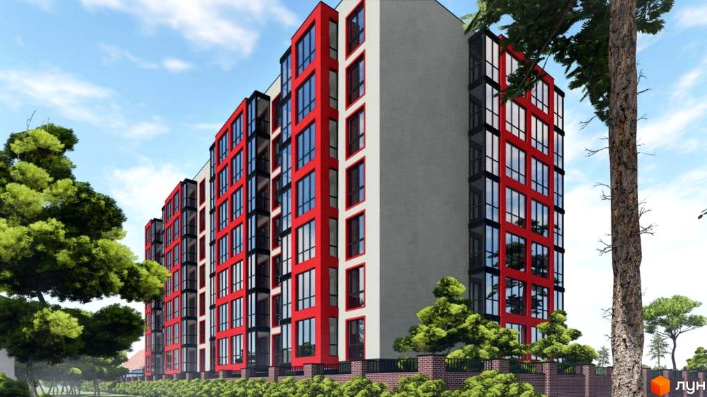 Фасад житлового комплексу Околиця з червоними та сірими елементами, великими вікнами та балконами. Навколо будівлі зелені дерева та кущі.