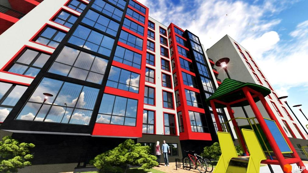 Зовнішній вигляд житлового комплексу Околиця з червоними та білими фасадами, великими вікнами та дитячим майданчиком. Навколо будинку зелені насадження та дерева.
