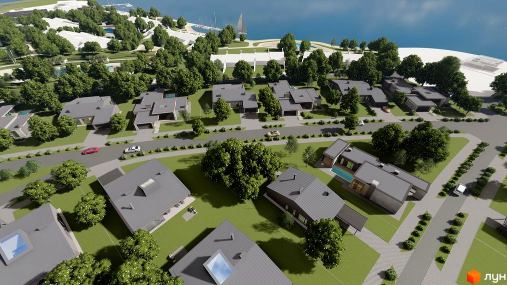 Вид зверху на Котеджне містечко NAVY Village: окремі будинки з сірими дахами та басейнами, розташовані серед доріг та зелених насаджень.