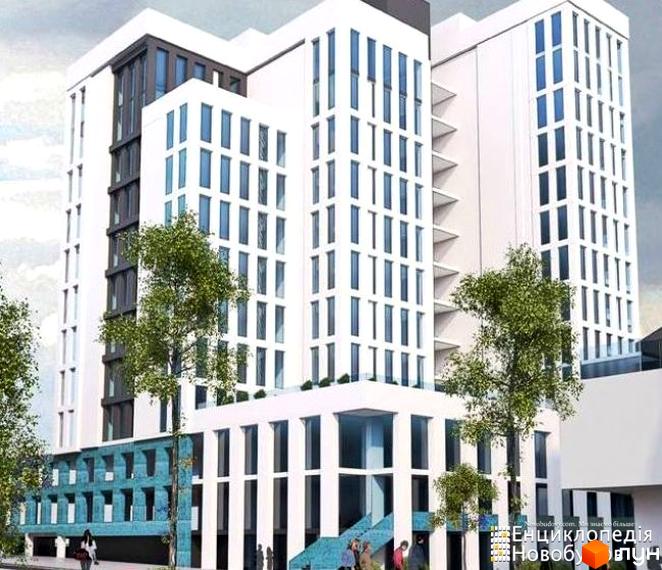 Зображення фасаду Житлового комплексу Метрополь. Багатоповерхова будівля з великими вікнами та прибудинковою територією.