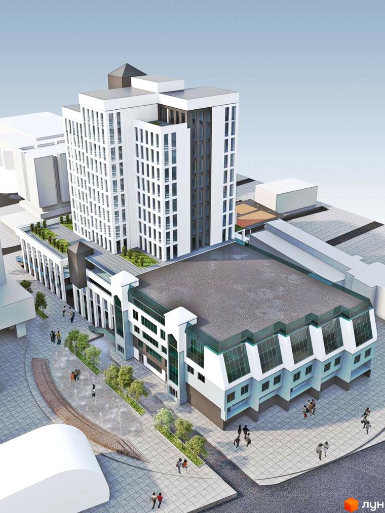 Зображення Житлового комплексу Метрополь: висотна будівля з великою площею забудови та прибудинковою територією з деревами та пішохідними зонами.