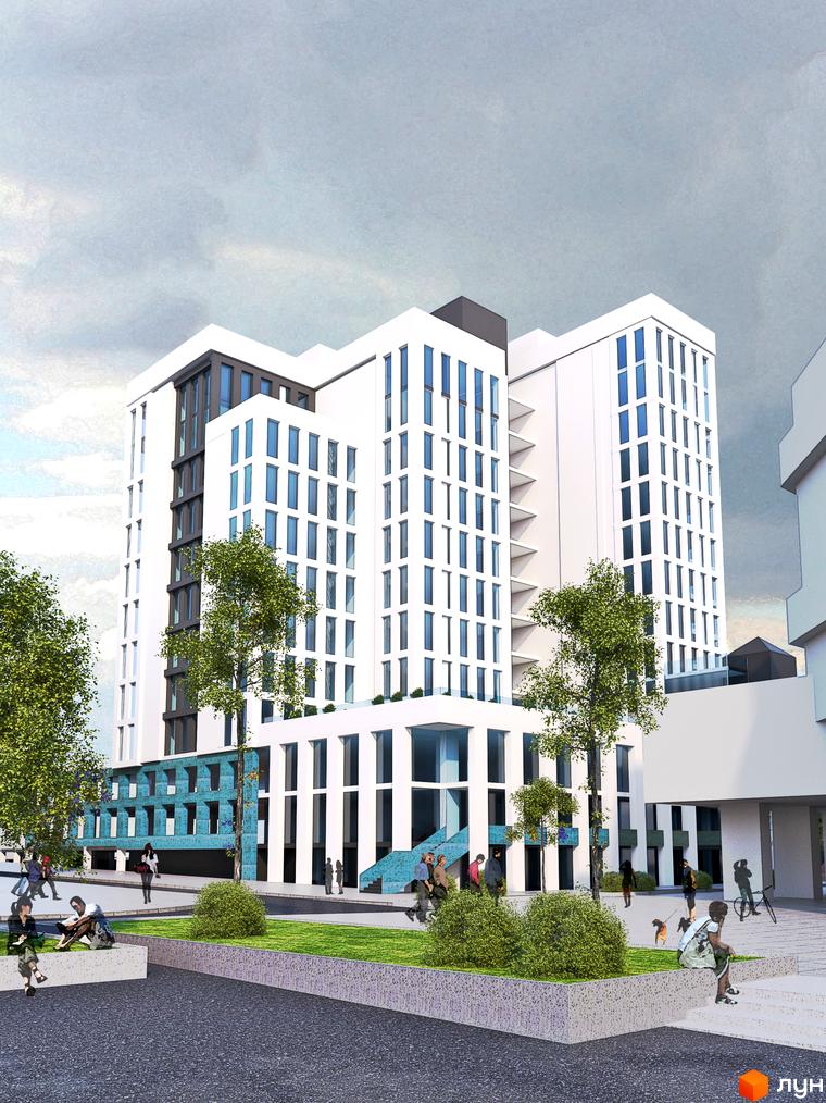 Зображення екстер'єру Житлового комплексу Метрополь. Багатоповерхова будівля з великими вікнами та озелененою прибудинковою територією.