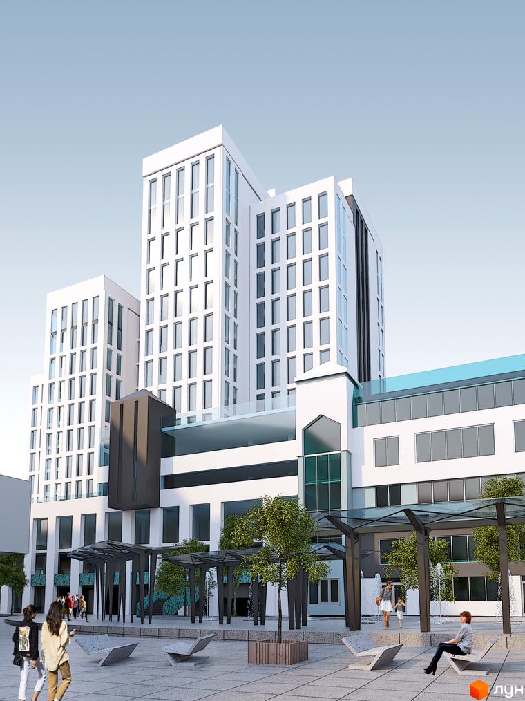 Зображення фасаду Новобудови Метрополь з великими вікнами та прибудинковою територією з лавками і деревами.