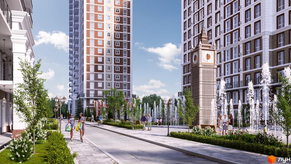 Житловий комплекс Нова Англія: фасади будинків у британському стилі, площа з фонтанами та пішохідними зонами. Паркова зона з деревами та місцями для відпочинку.