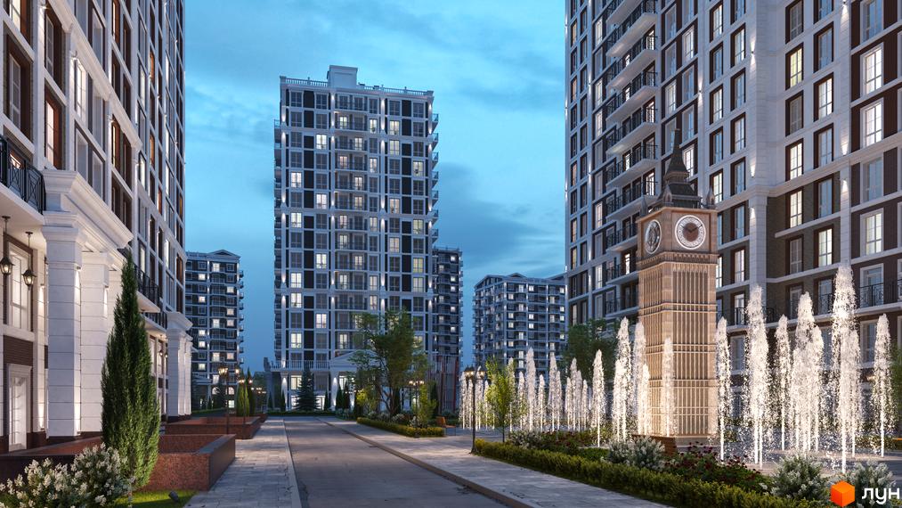 Зображення фасаду та прибудинкової території Житлового комплексу Nova Anglia. Високі будинки з великою кількістю вікон, фонтани та доглянуті газони.