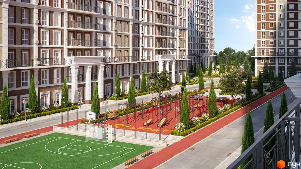 Зображення Житлового комплексу Nova Anglia з фасадом будинку та спортивним майданчиком. Прибудинкова територія з озелененням та місцями для відпочинку.