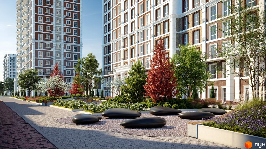 Зображення житлового комплексу Нова Англія. Вигляд фасаду будинку з червоної цегли та прибудинкової території з ландшафтним дизайном.