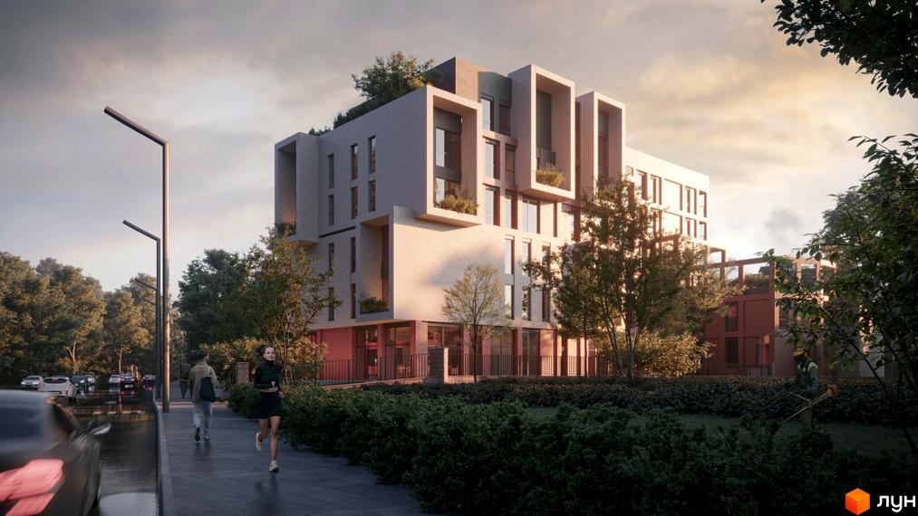 Житловий комплекс Park Lake House з унікальною архітектурою та зеленими зонами. Зовнішній вигляд будівлі з виступаючими елементами та великими вікнами, прибудинкова територія з деревами та доглянутим газоном.