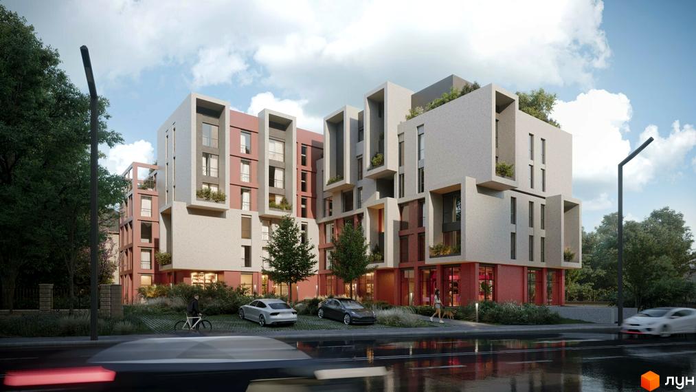 Житловий комплекс Park Lake House - це сучасна новобудова з оригінальною архітектурою та доглянутою прибудинковою територією. На зображенні видно фасади будівель, зелені насадження та місця для паркування.