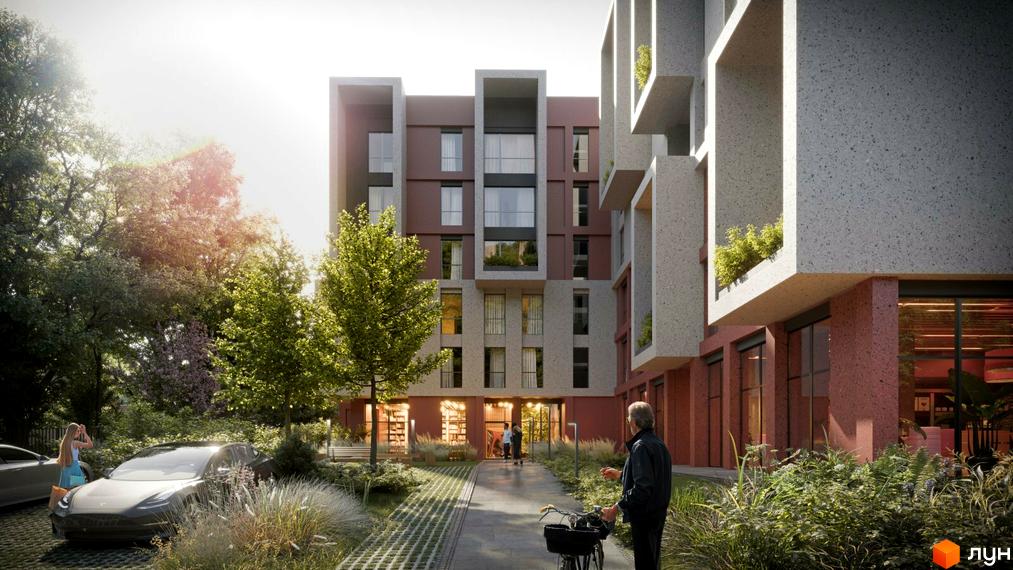 Житловий комплекс Park Lake House з цегляним фасадом та балконами з зеленню. На прибудинковій території є дерева, кущі та припарковані автомобілі.