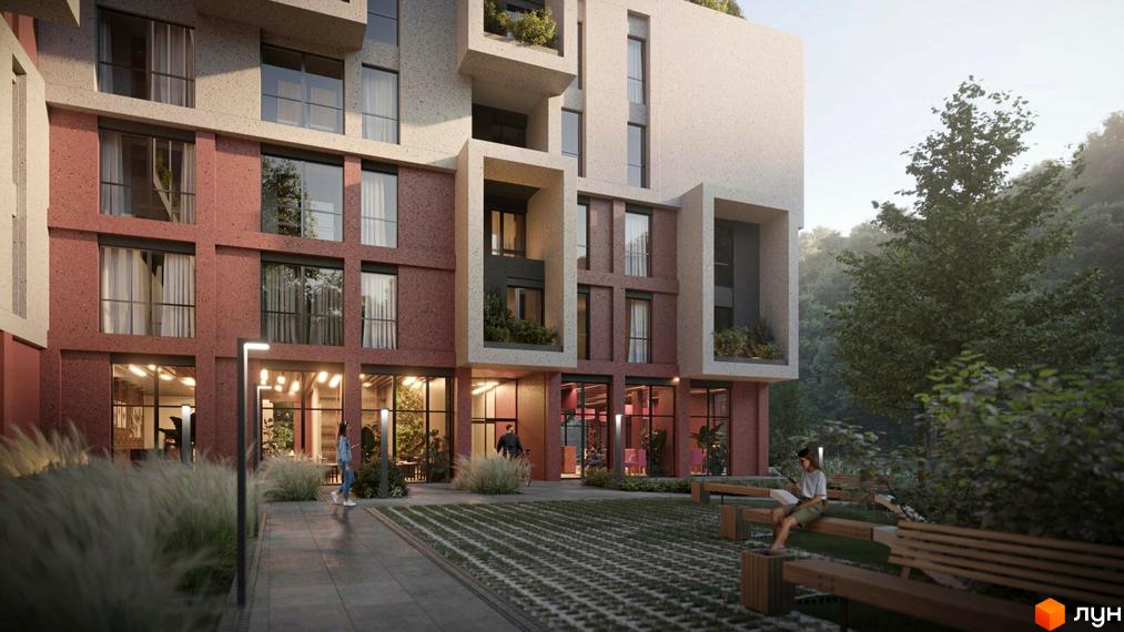 Житловий комплекс Park Lake House з червоним фасадом та великими вікнами. На прибудинковій території розташовані лавки та зелені насадження.