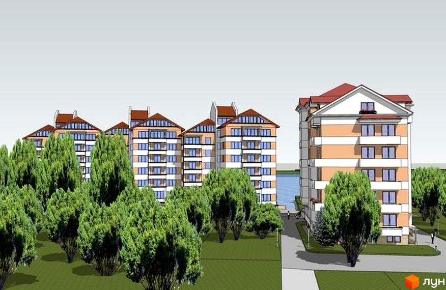 Житловий комплекс Морський: багатоповерхові будинки з червоними дахами та біло-помаранчевими фасадами, оточені зеленими деревами. На території комплексу є доглянуті газони та доріжки.