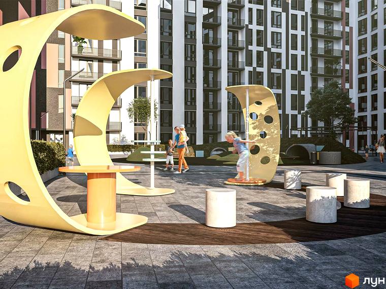 Зображення ігрового майданчика біля багатоповерхового будинку в Житловому районі Паркова Алея. Дитячий майданчик з гойдалками та гірками.