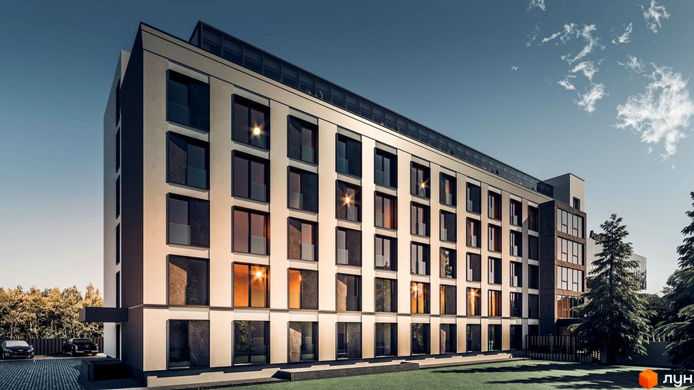 Фасад Апарт-готель Uzhhorod з численними вікнами та світлими стінами, навколо зелений газон і дерева.