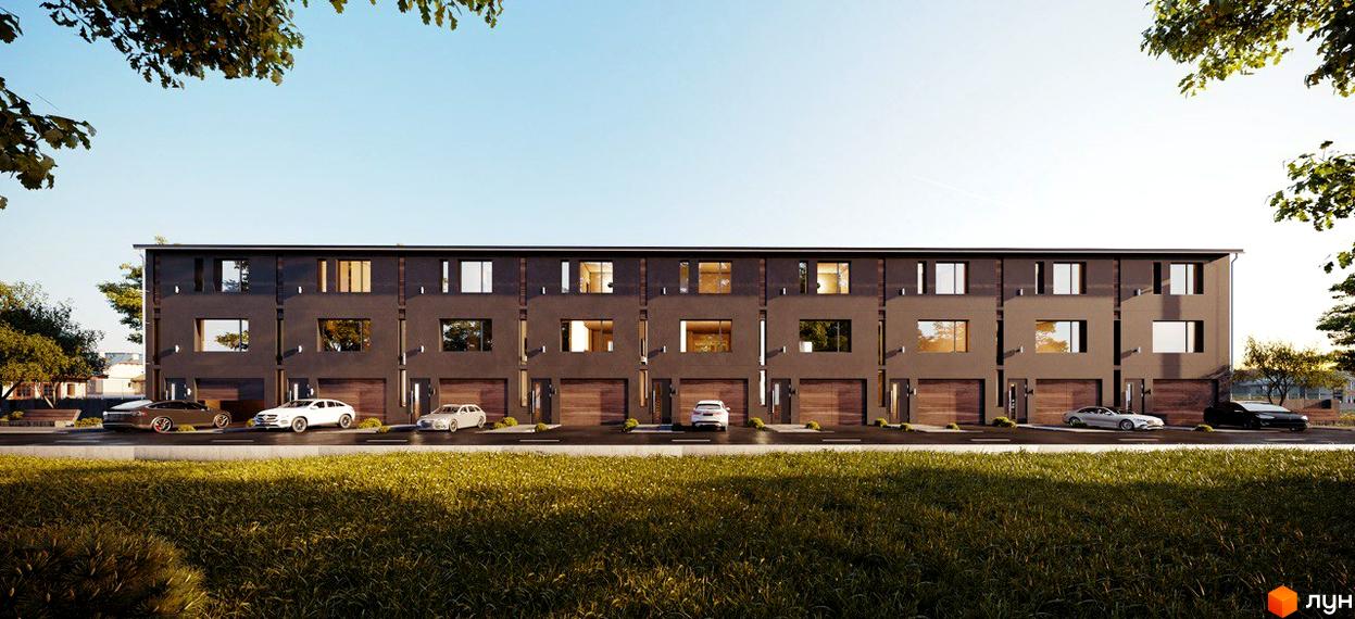 Таунхаус Verona T-house – це двоповерхові будинки з гаражами та великими вікнами, розташовані вздовж вулиці з прибудинковою територією та зеленими насадженнями.