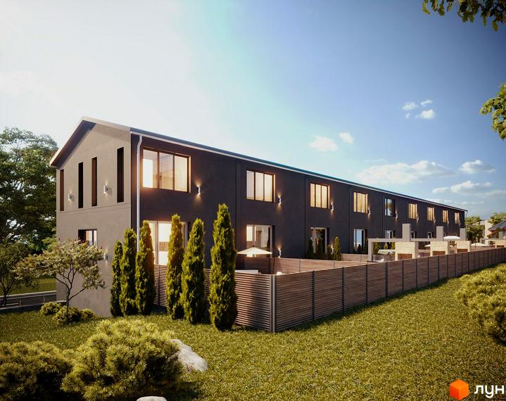 Таунхаус Verona T-house з темним фасадом та великими вікнами на тлі блакитного неба. Прибудинкова територія з акуратною огорожею та зеленими насадженнями.