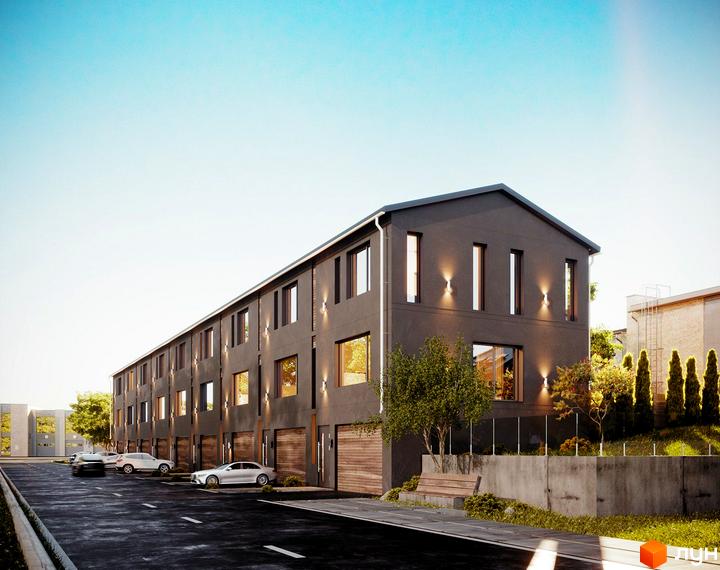 Таунхаус Verona T-house – сучасний житловий комплекс з темними фасадами та індивідуальними гаражами. Перед будинком облаштована парковка та зелена зона з лавкою.