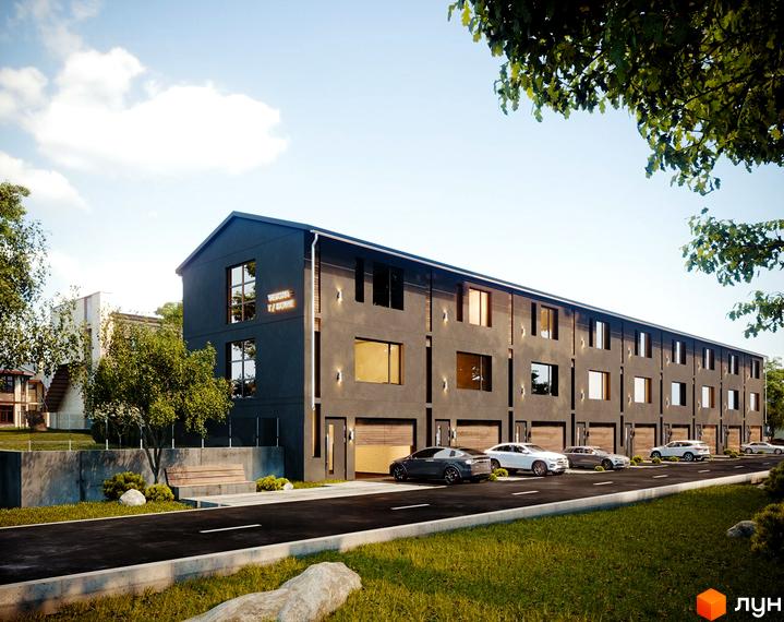 Таунхаус Verona T-house - сучасна новобудова з гаражами та паркомісцями. Прибудинкова територія з газоном та деревами.