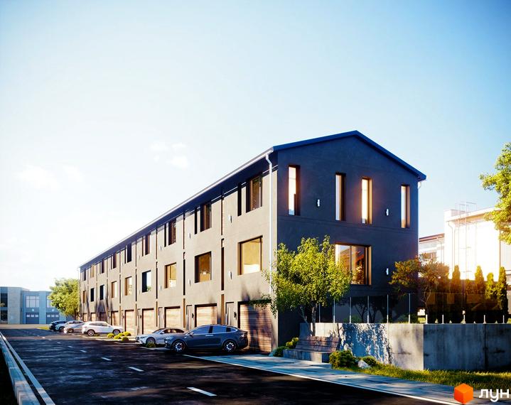 Таунхаус Verona T-house - це сучасна новобудова з елегантною сірою фасадною частиною та великими вікнами, розташована вздовж асфальтованої дороги з припаркованими автомобілями та зеленими насадженнями.