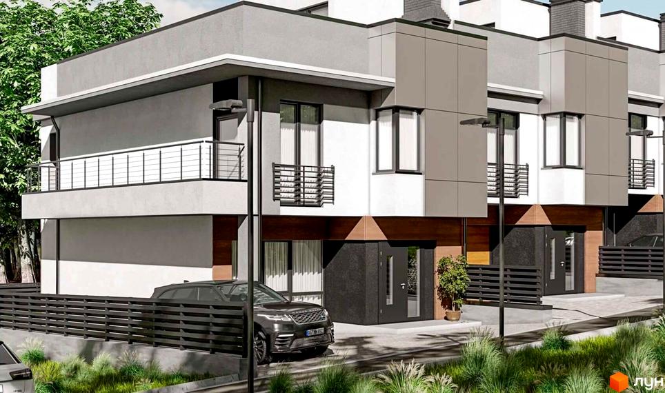 Фасад житлового комплексу з сірими та білими стінами, балконами. Прибудинкова територія з парковкою, огорожею та зеленню.