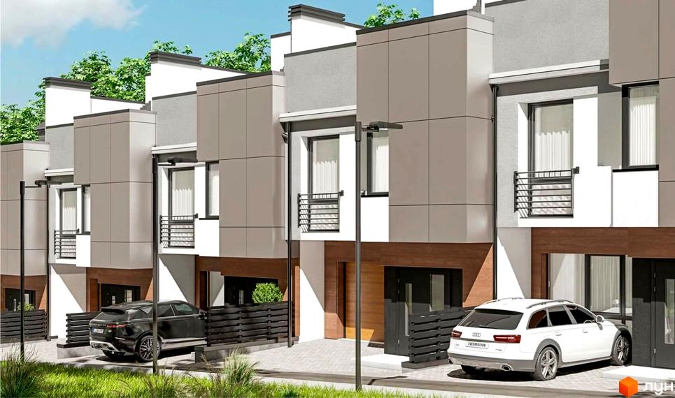 Ряд триповерхових таунхаусів з світлими фасадами та дерев'яними акцентами на вул. Кременецька. Перед будинками є парковка та зелені насадження.