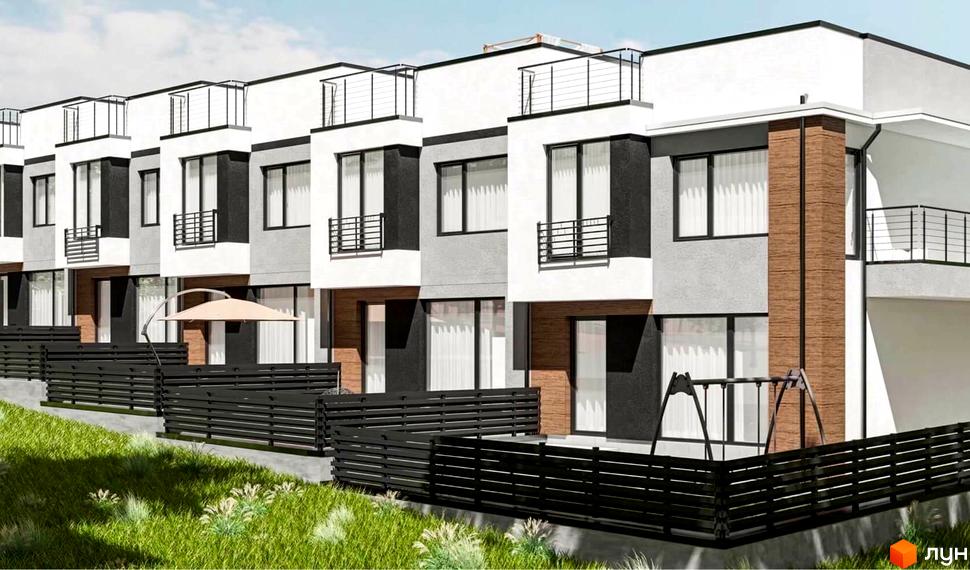 Зображення фасаду та прибудинкової території Житлового комплексу на вулиці Кременецька. Вигляд таунхаусів з балконами та терасами.