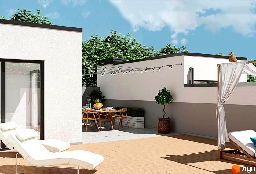 Житловий комплекс на вул. Кременецька: білий фасад з чорним карнизом, тераса з дерев'яним настилом, обідньою зоною та зоною відпочинку.