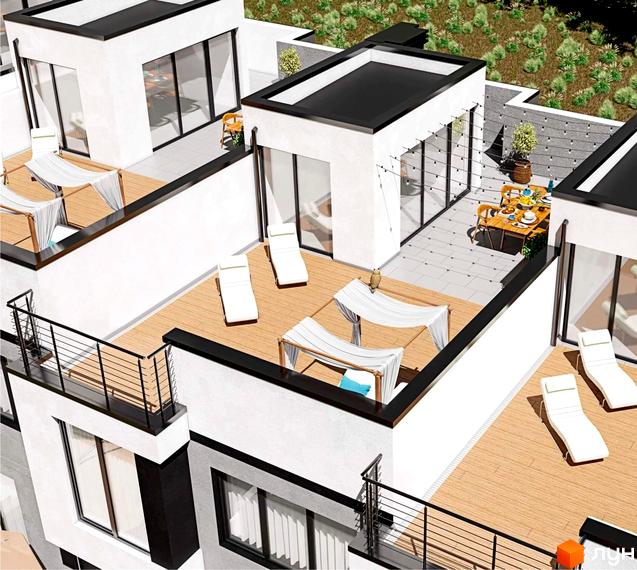 Зображення Житлового комплексу на вулиці Кременецька з терасами на даху та зоною відпочинку. Вид зверху на будівлю та прибудинкову територію.