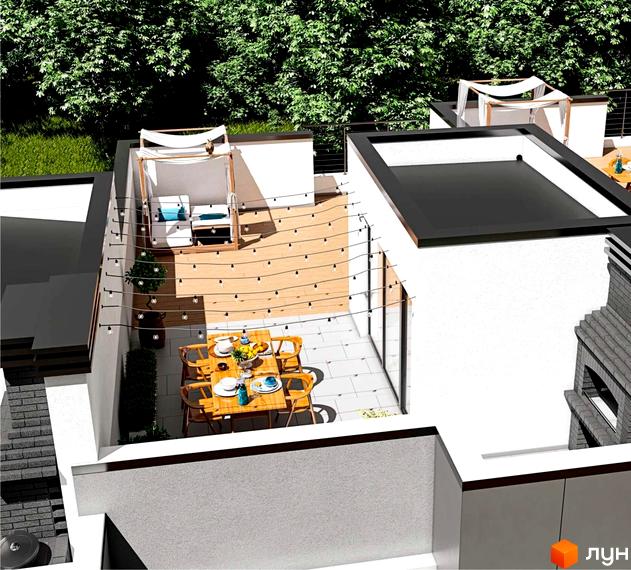 Вигляд на житловий комплекс на вул. Кременецька: білі фасади та простора тераса на даху з обідньою зоною.