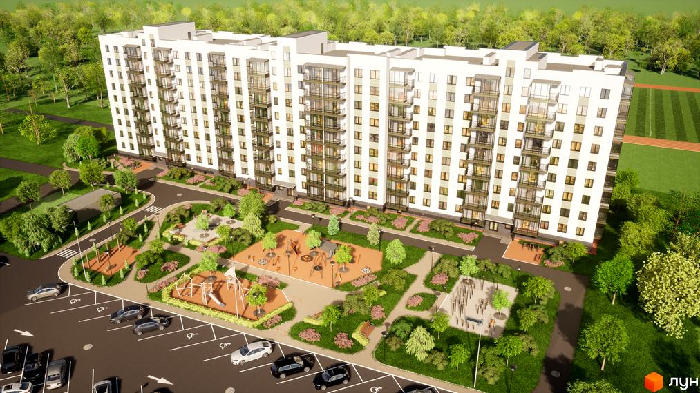 Зображення Житлового району Добробуд з висоти пташиного польоту. На фото видно багатоповерховий будинок та прибудинкову територію з дитячим майданчиком.