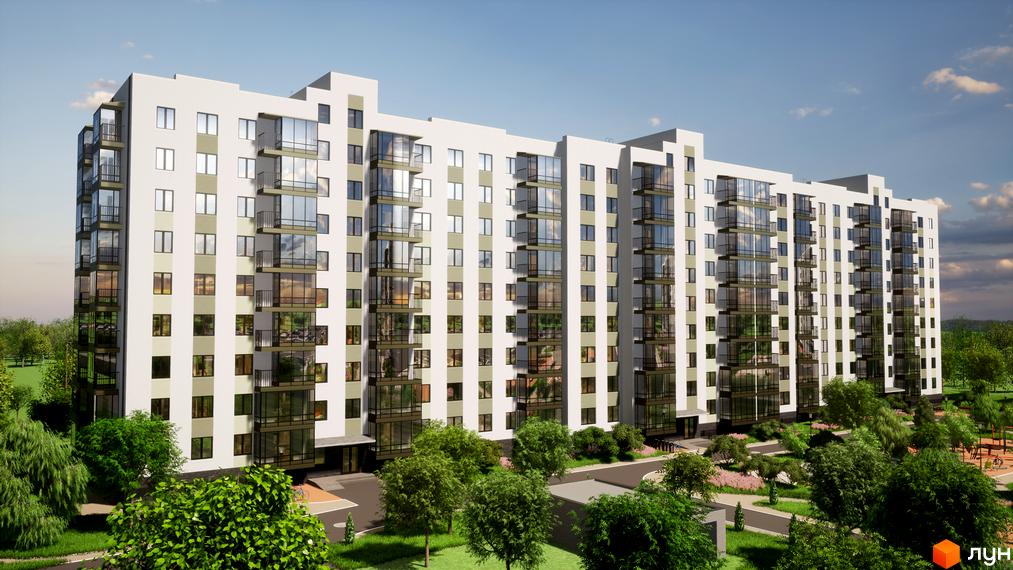 Багатосекційна новобудова Добробуд з світлими фасадами, скляними балконами та прибудинковою територією з деревами та майданчиком.