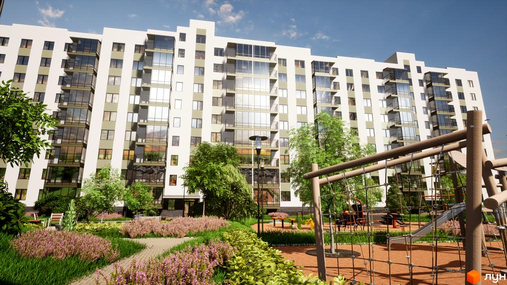 Житловий комплекс Добробуд з білим фасадом, великими вікнами та облаштованим двором з дитячим майданчиком і зеленими насадженнями.