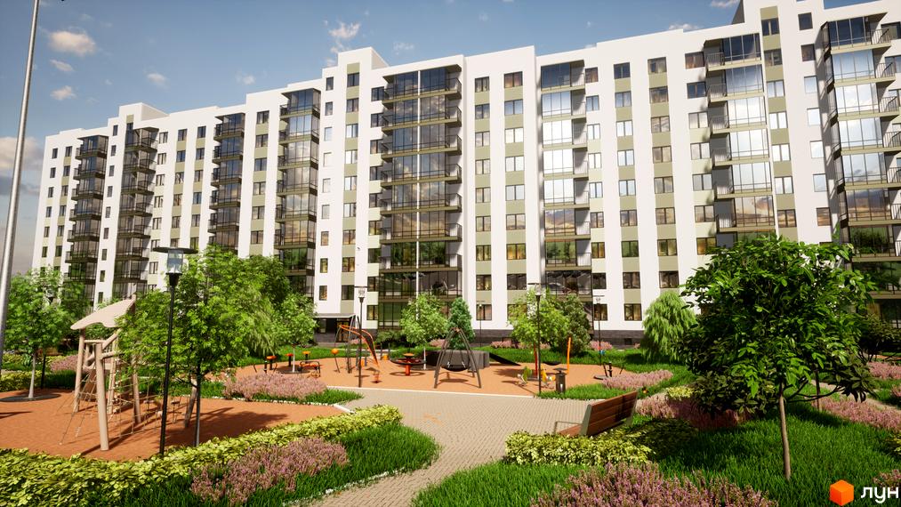 Зображення фасаду та прибудинкової території Житлового комплексу Добробуд. На території є дитячий майданчик та зелені насадження.