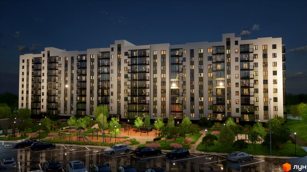 Зображення фасаду та прибудинкової території Новобудови Добробуд вночі. На території є парковка, дитячий майданчик та зелені насадження.