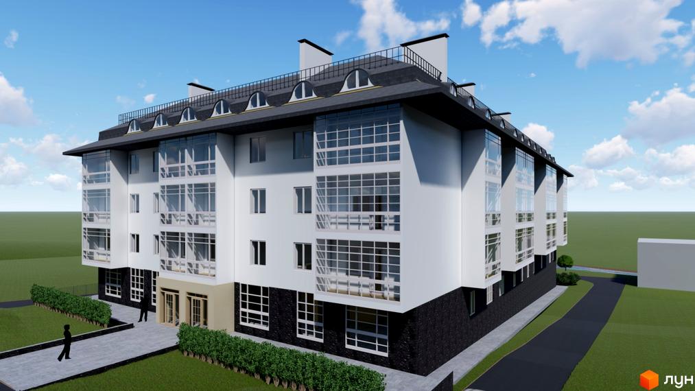 Житловий комплекс Мій Дім. Багатоквартирний будинок з білими фасадами, великими вікнами та темним дахом, оточений зеленим газоном та доріжками.