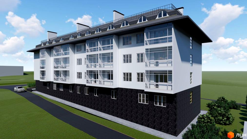 Житловий комплекс Мій Дім з білими поверхами, великими скляними балконами та темним цоколем. Навколо зелені газони та дорога.