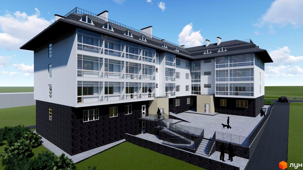 Новобудова Мій Дім: багатоквартирний будинок з білим верхнім та темним нижнім фасадом, великими вікнами. Прибудинкова територія має вимощений двір та зелені насадження.