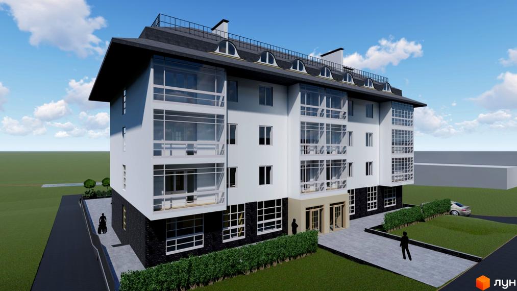 Житловий комплекс Мій Дім: багатоповерховий будинок з білими стінами, темним цоколем та заскленими балконами. Прибудинкова територія з доріжками, газонами та живоплотом.