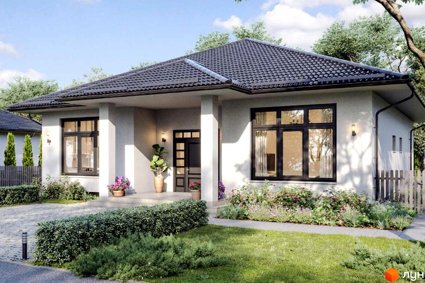 Котеджне містечко Зоряний: одноповерховий будинок з сірим дахом, великими вікнами та доглянутою прибудинковою територією з квітами та газоном.