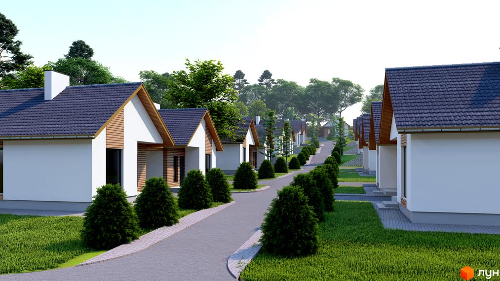 Зображення будинків Котеджного містечка Буде Дім. Підберізці з сірими дахами та білими стінами. Поруч зелені насадження та дорога.