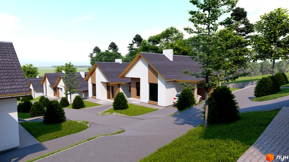 Зображення Котеджного містечка Буде Дім. Підберізці. Візуалізація будинків з сірими дахами та білими стінами, перед будинками зелені насадження.